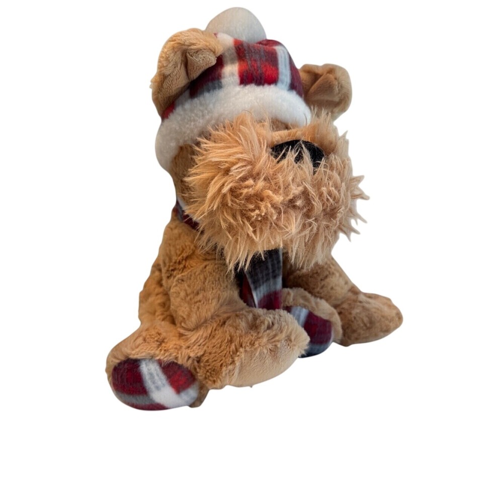 Gentle Treasures Tan Scruffy Puppy Dog Plush Holiday Plaid Hat Scarf 13"